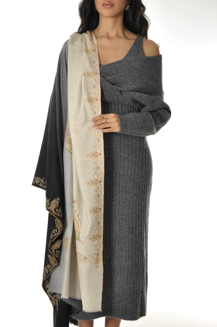 Embroidered Pashmina - Grey Paisley All Over