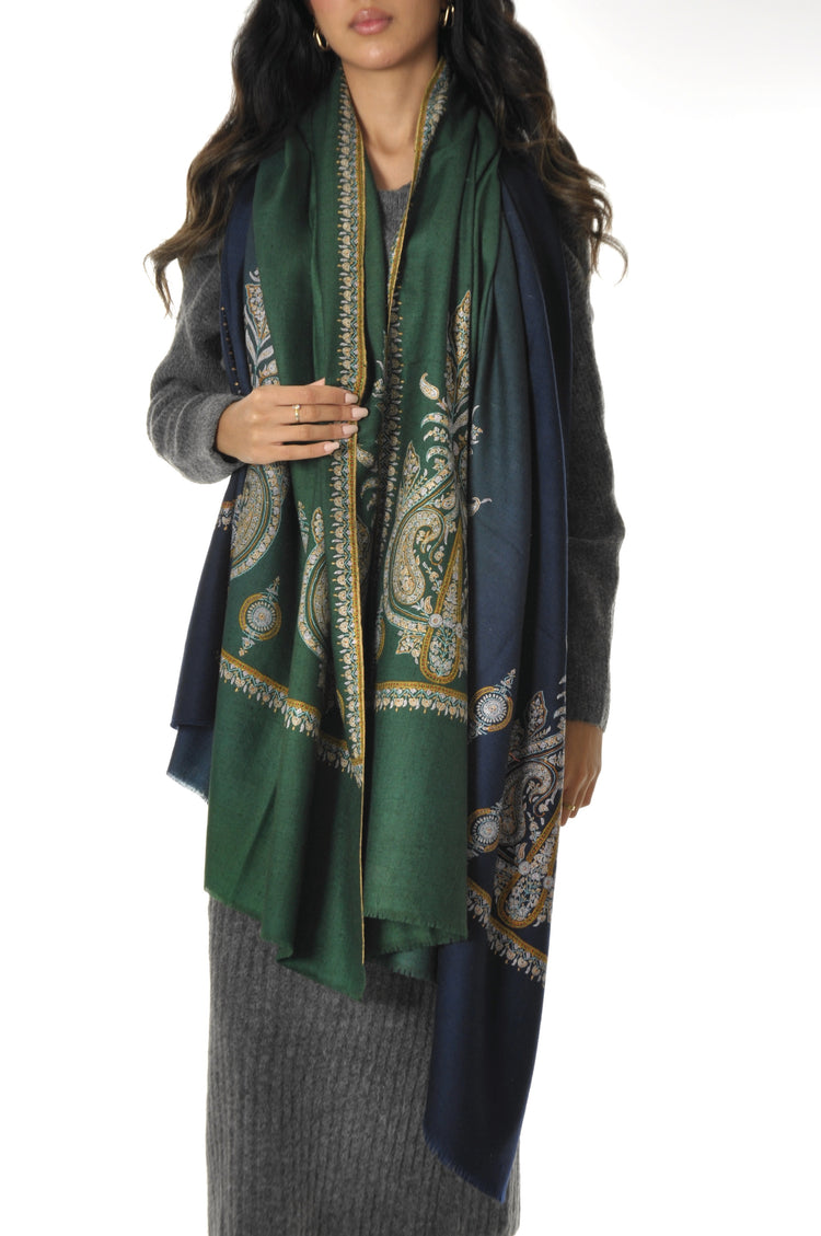 Embroidered Pashmina - Navy To Green