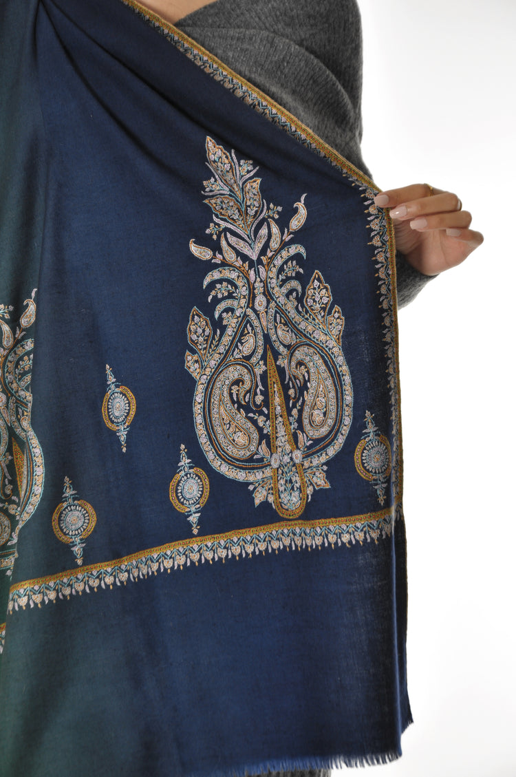 Embroidered Pashmina - Navy To Green