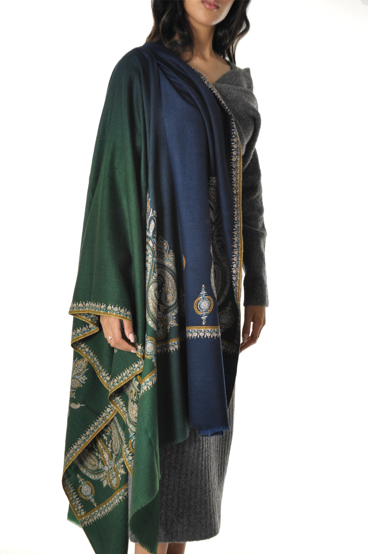 Embroidered Pashmina - Navy To Green