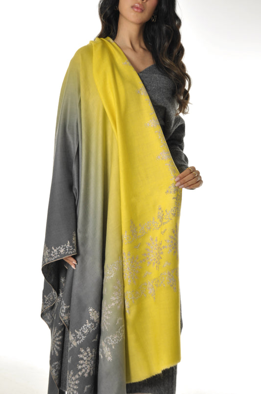 Embroidered Pashmina - Grey to Yellow