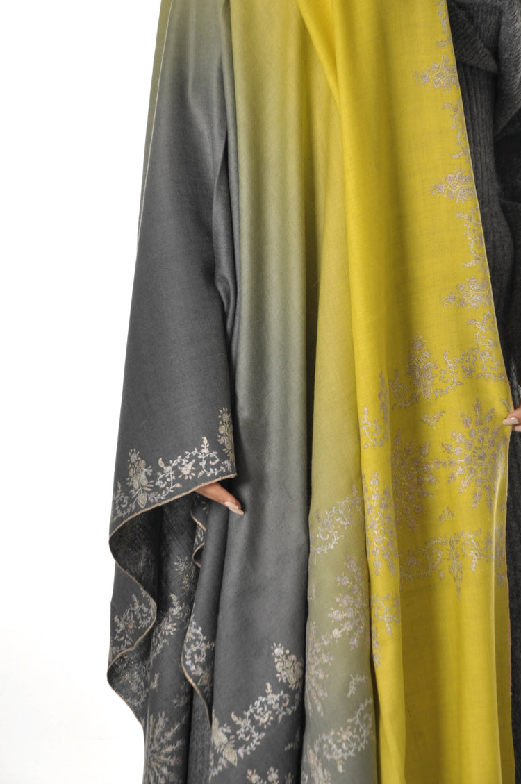 Embroidered Pashmina - Grey to Yellow