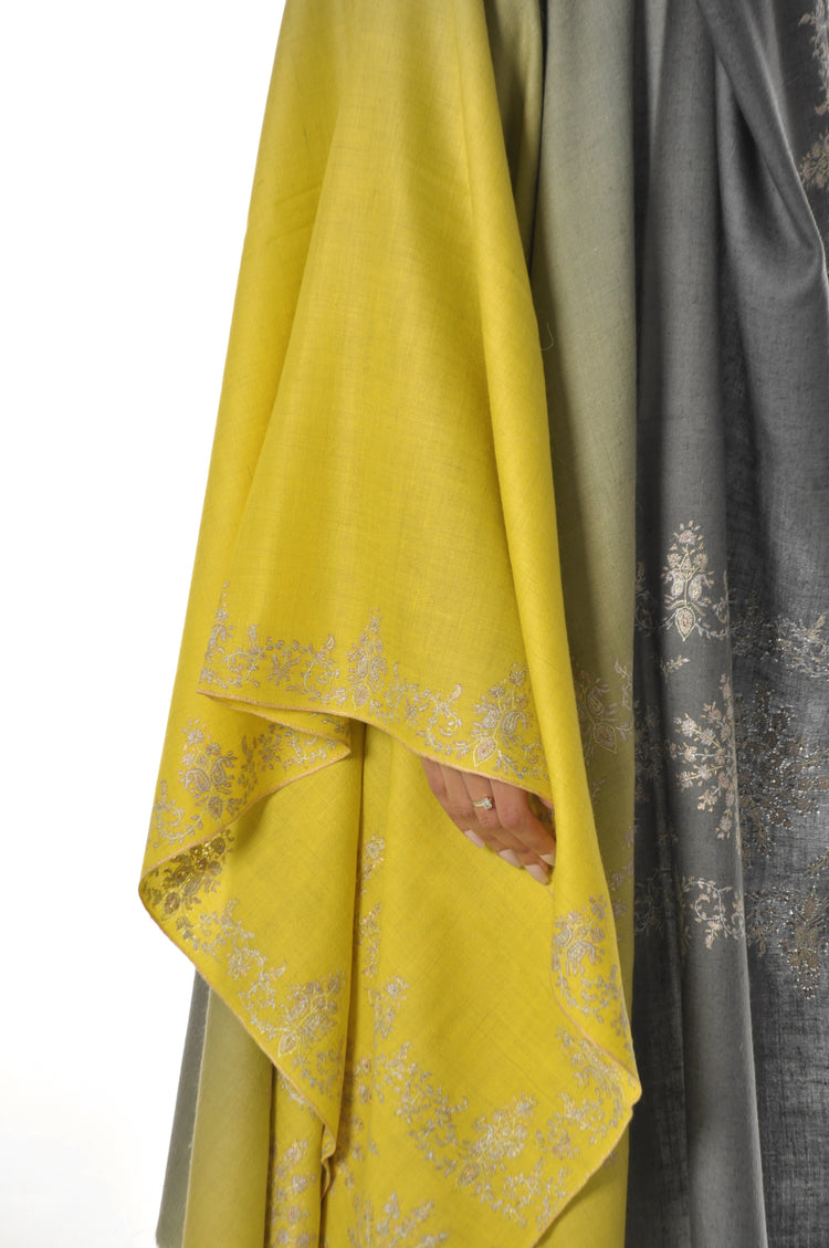 Embroidered Pashmina - Grey to Yellow