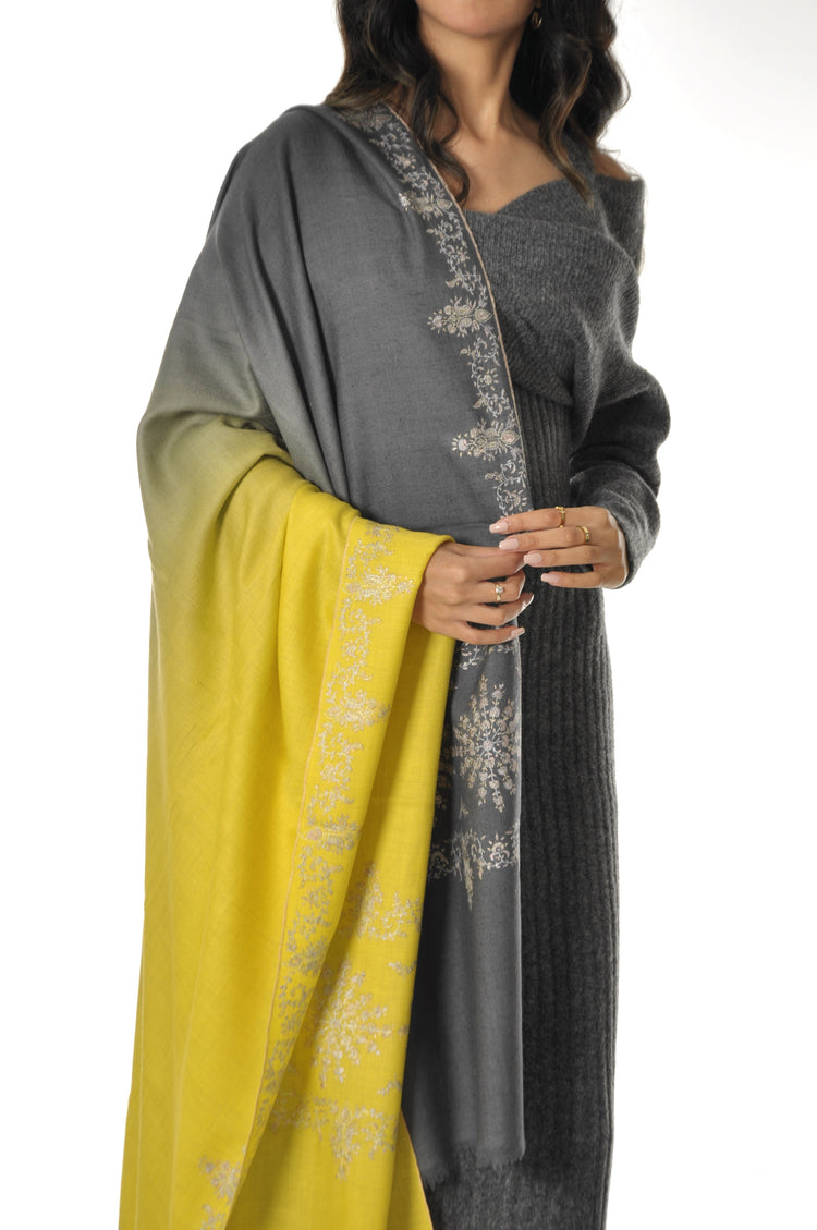 Embroidered Pashmina - Grey to Yellow