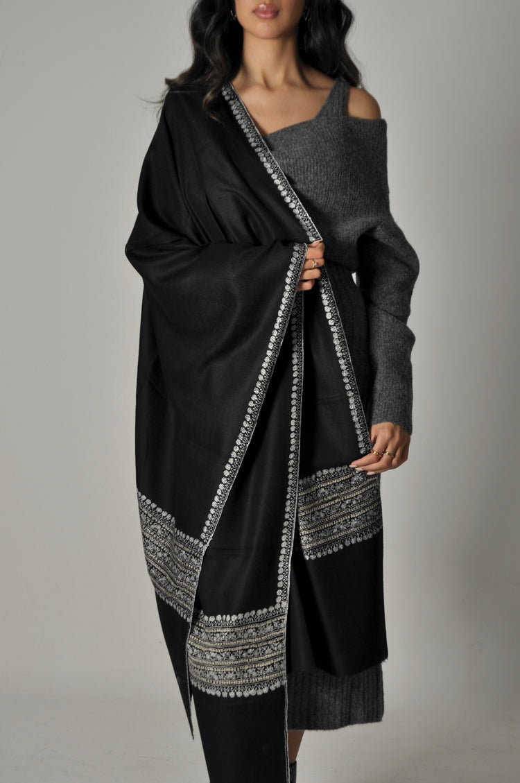 Embroidered Pashmina - Black with border