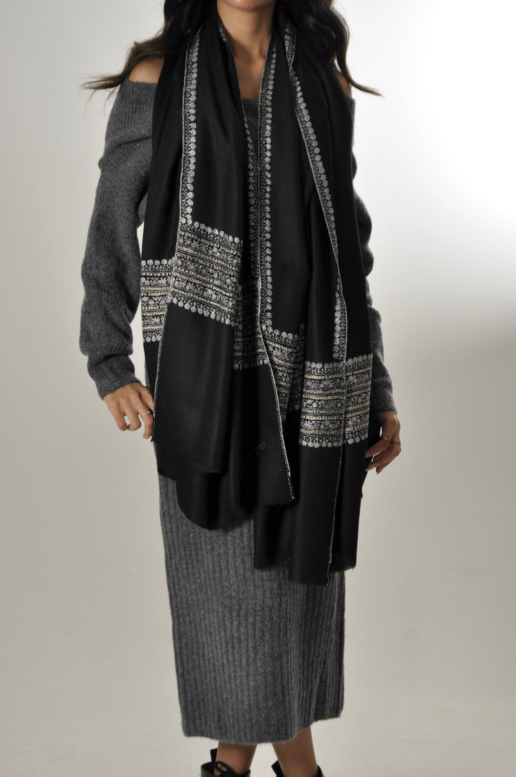 Embroidered Pashmina - Black with border