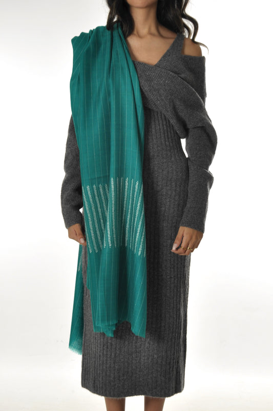 Embroidered Pashmina - Dark Green with border