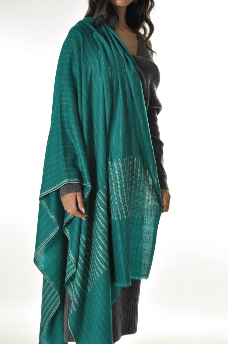 Embroidered Pashmina - Dark Green with border