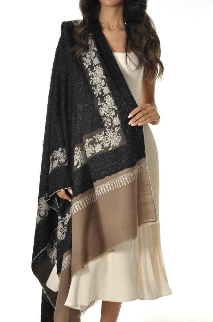 Towel Pashmina with Embroidery - Black & Beige