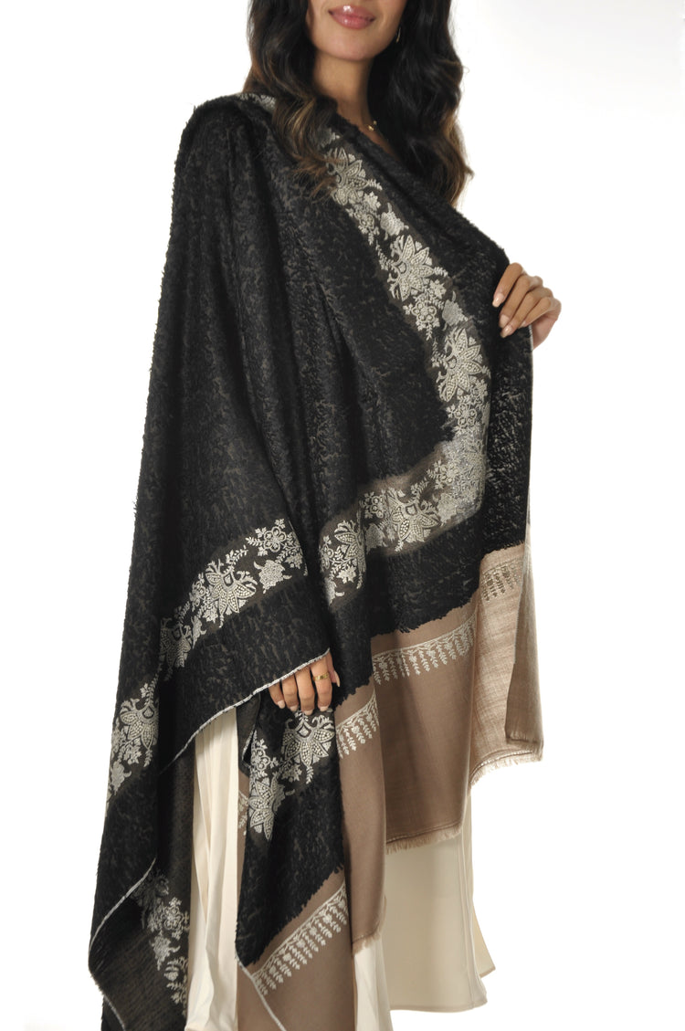 Towel Pashmina with Embroidery - Black & Beige