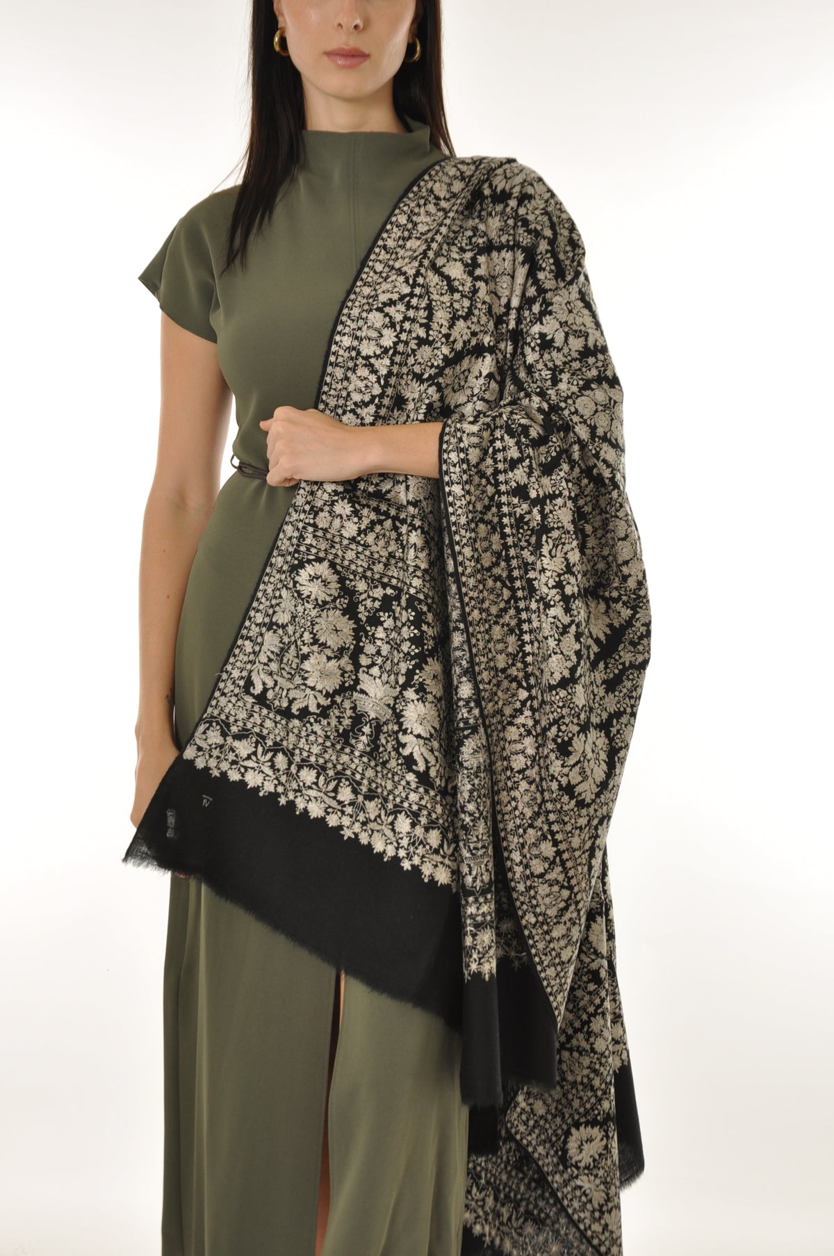 Embroidered Pashmina - Black & Beige Embroidery