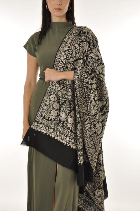 Embroidered Pashmina - Black & Beige Embroidery