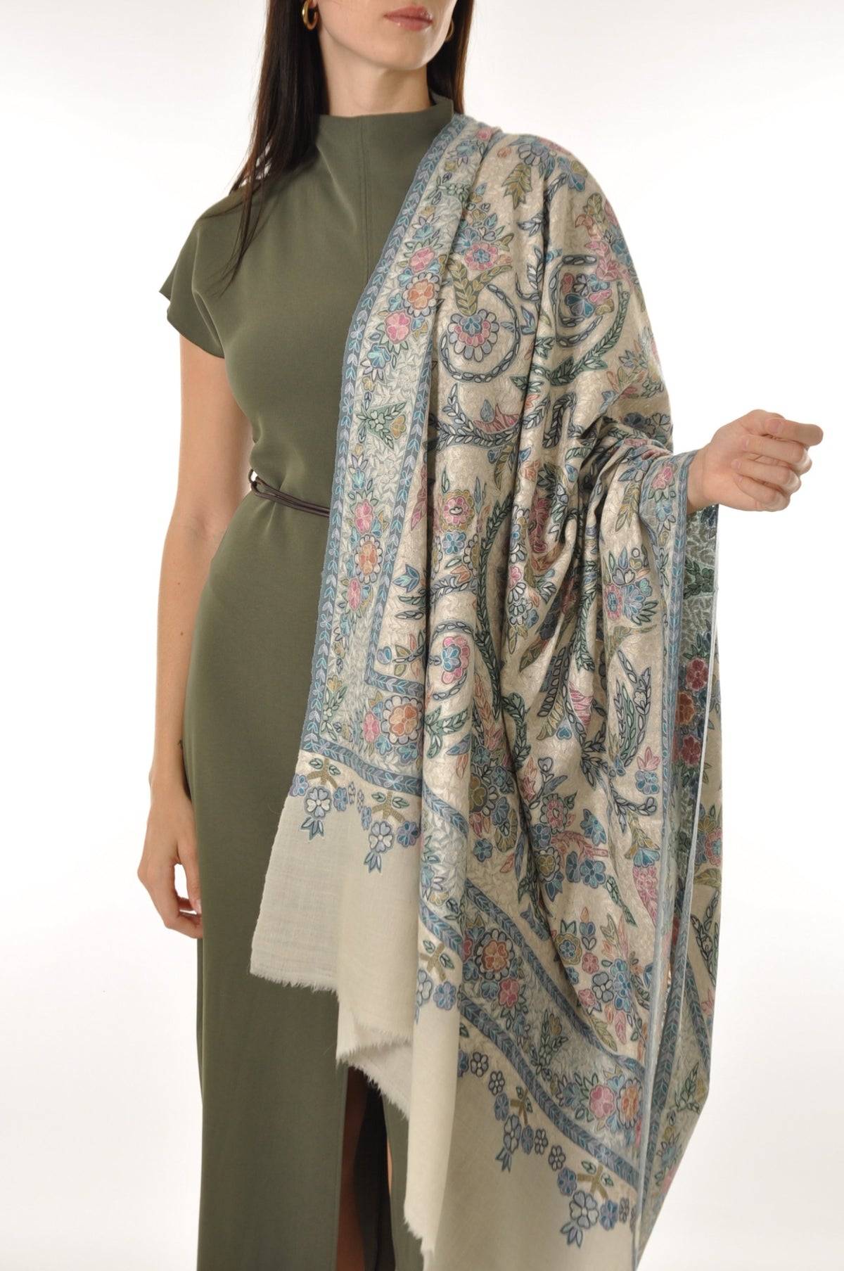 Kalamkari Pashmina - Off White & Blue