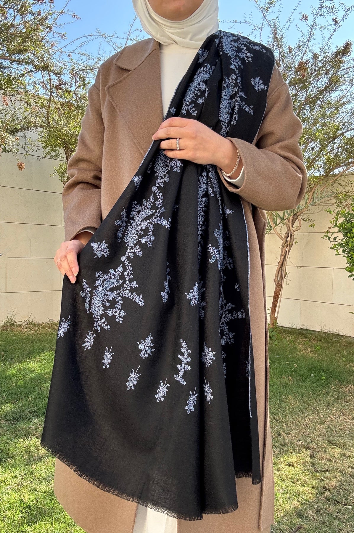 Embroidered Pashmina - Black with Blue