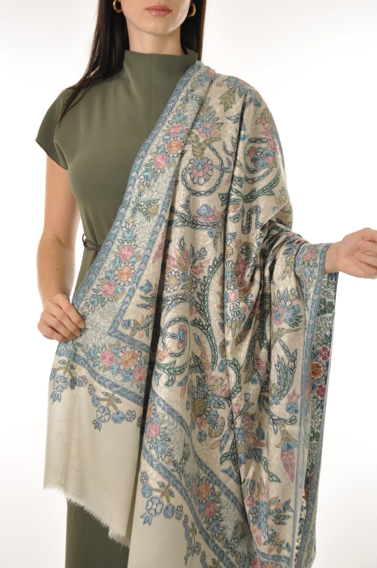 Kalamkari Pashmina - Off White & Blue