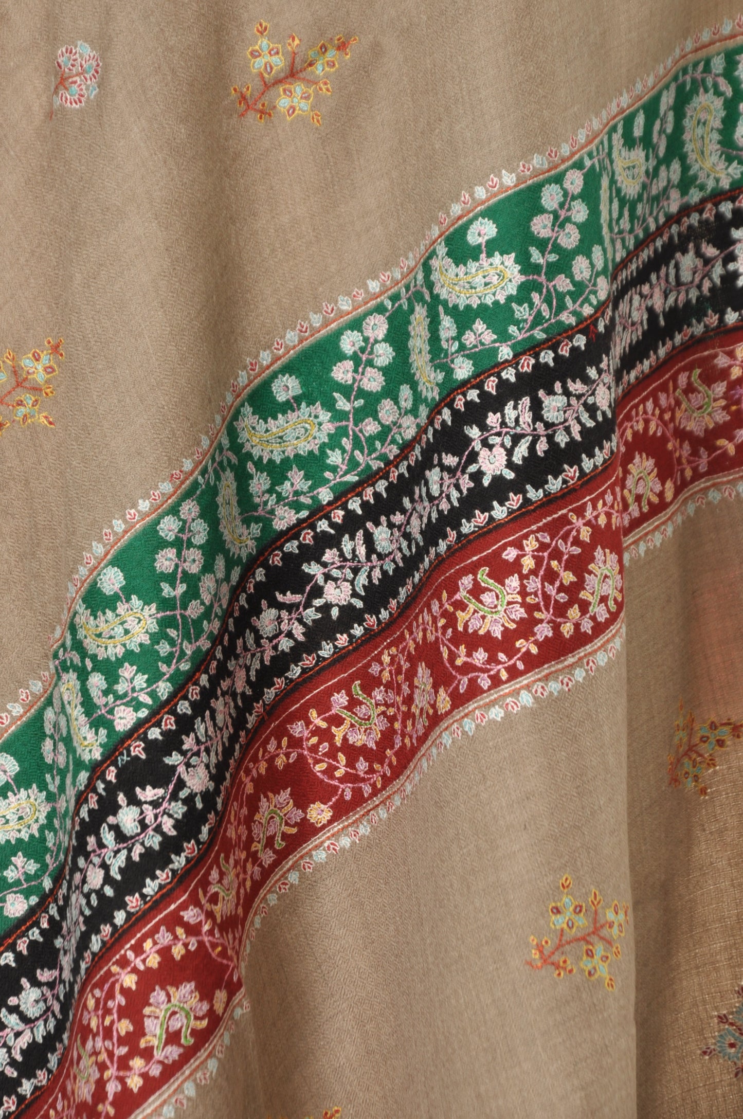 Embroidered Pashmina - Beige & Multi Color Stripes