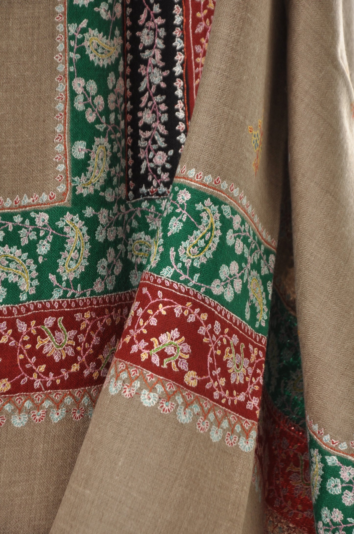 Embroidered Pashmina - Beige & Multi Color Stripes