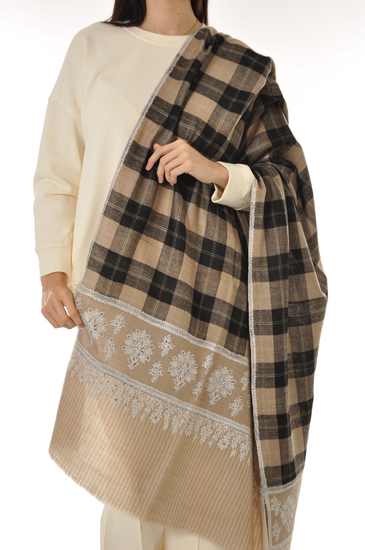Embroidered Pashmina - Floral Check Pashmina