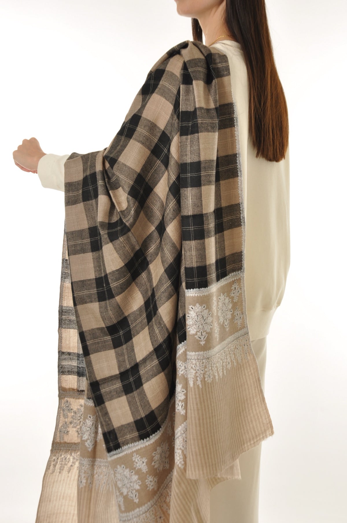 Embroidered Pashmina - Floral Check Pashmina