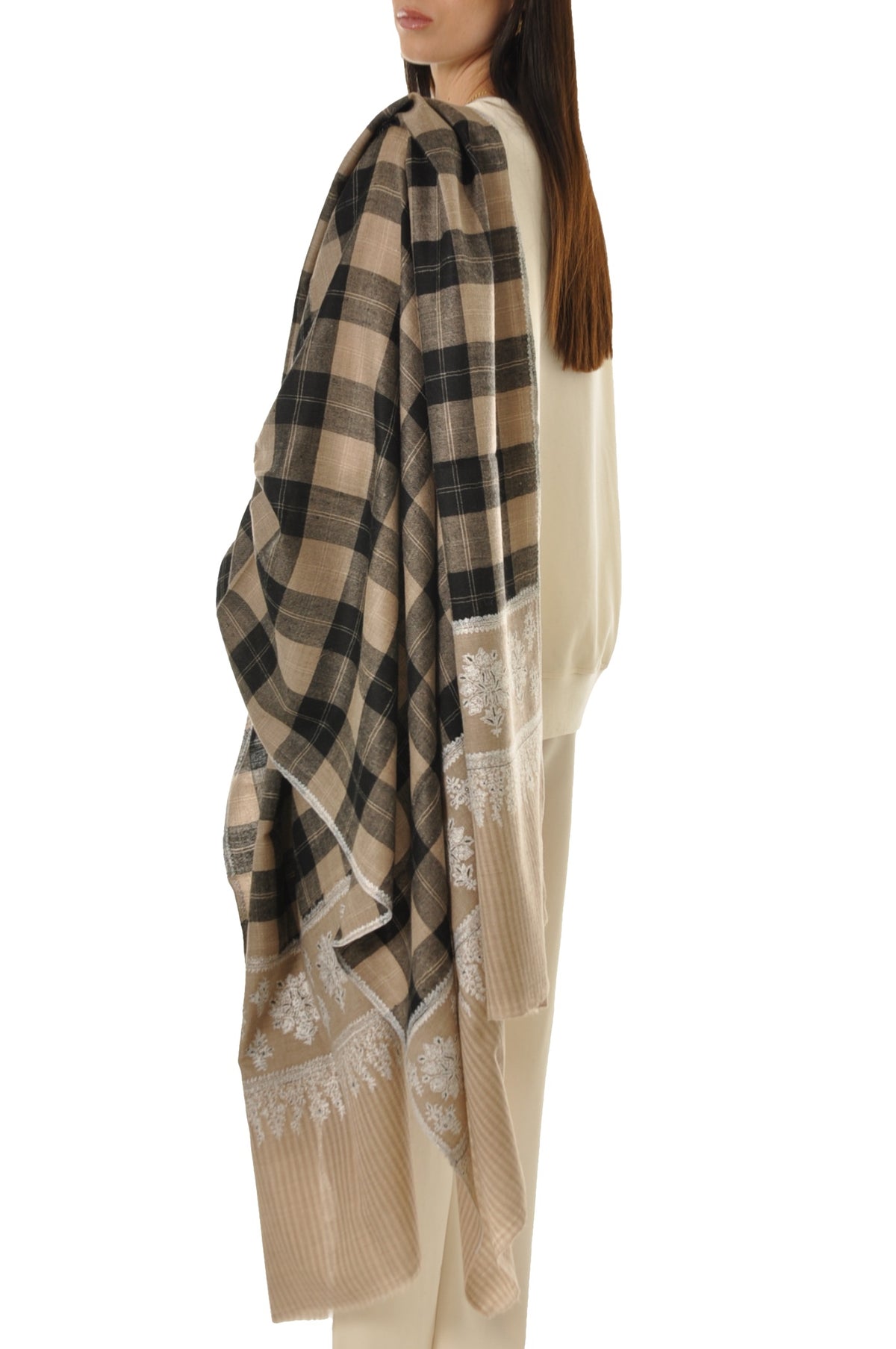 Embroidered Pashmina - Floral Check Pashmina