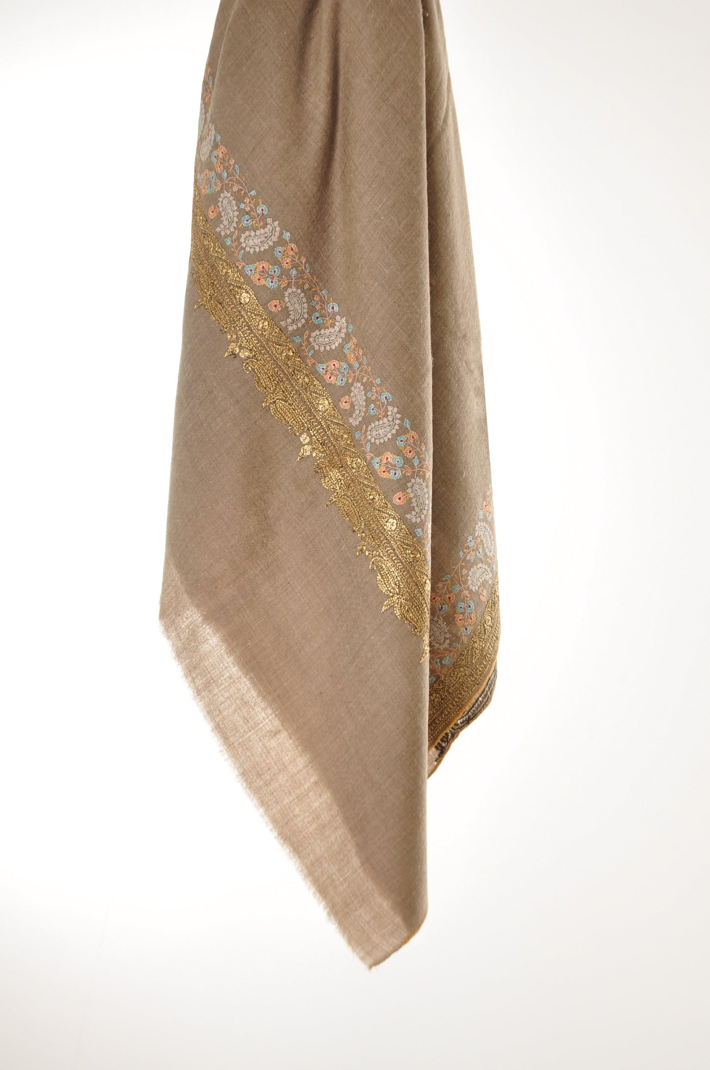 Embroidered Pashmina - Gold Zari & Pastel