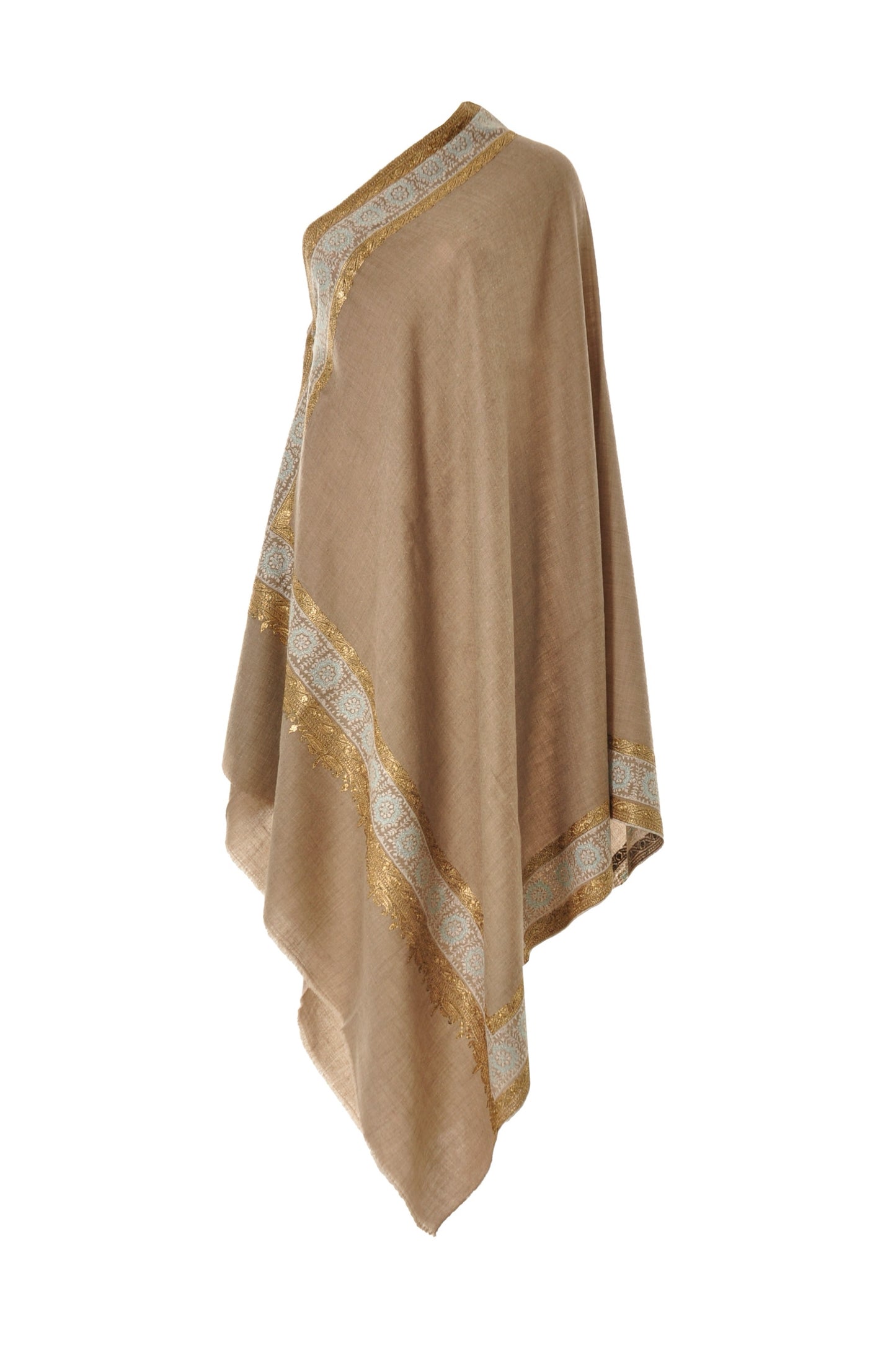Embroidered Pashmina - Gold Zari & Pale Aqua