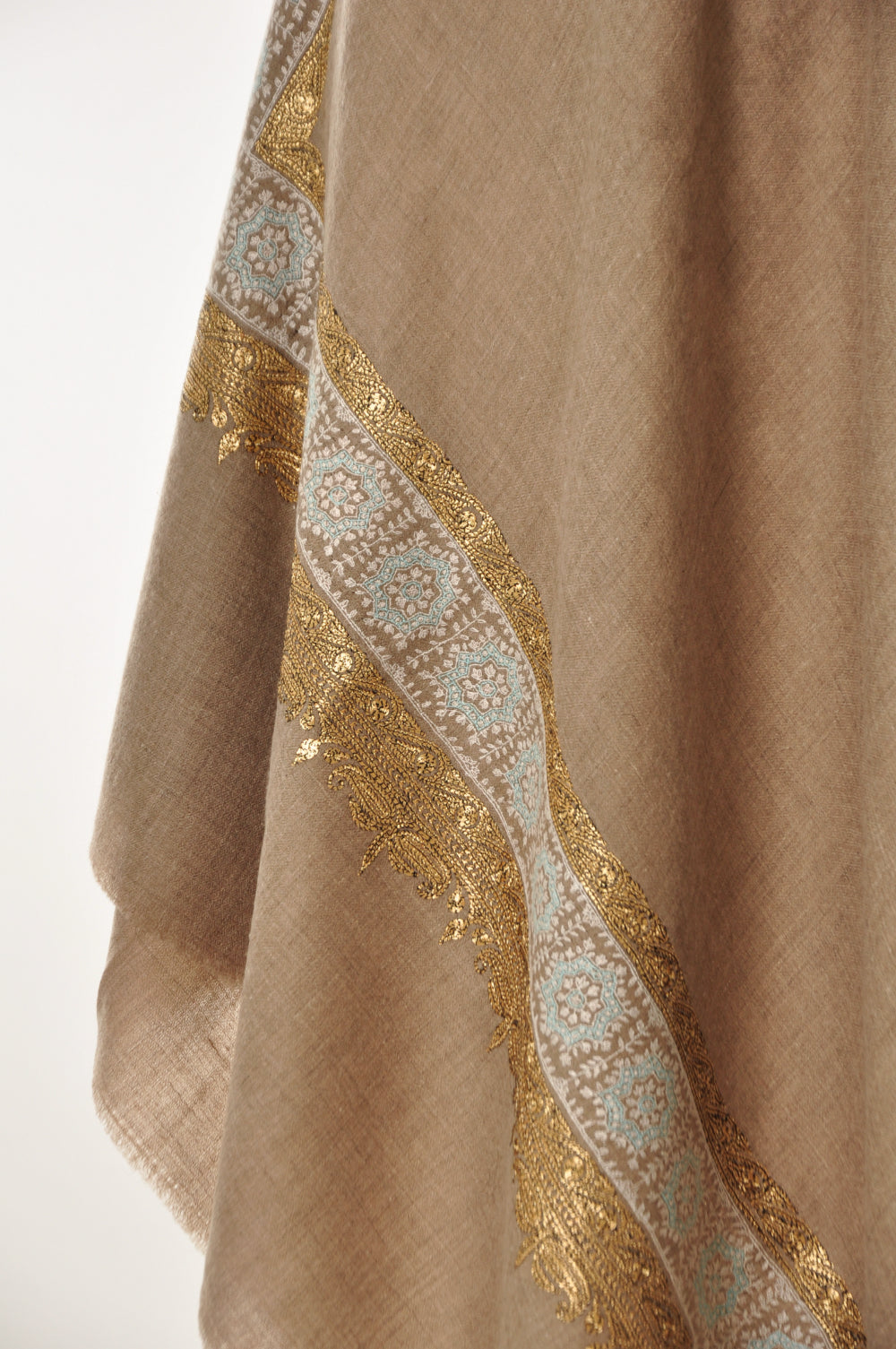 Embroidered Pashmina - Gold Zari & Pale Aqua