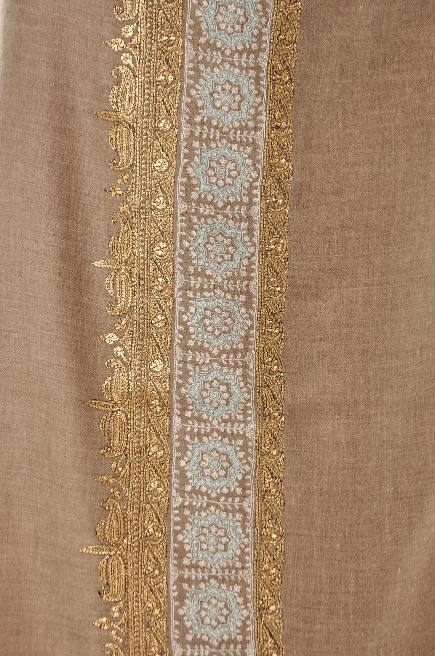 Embroidered Pashmina - Gold Zari & Pale Aqua