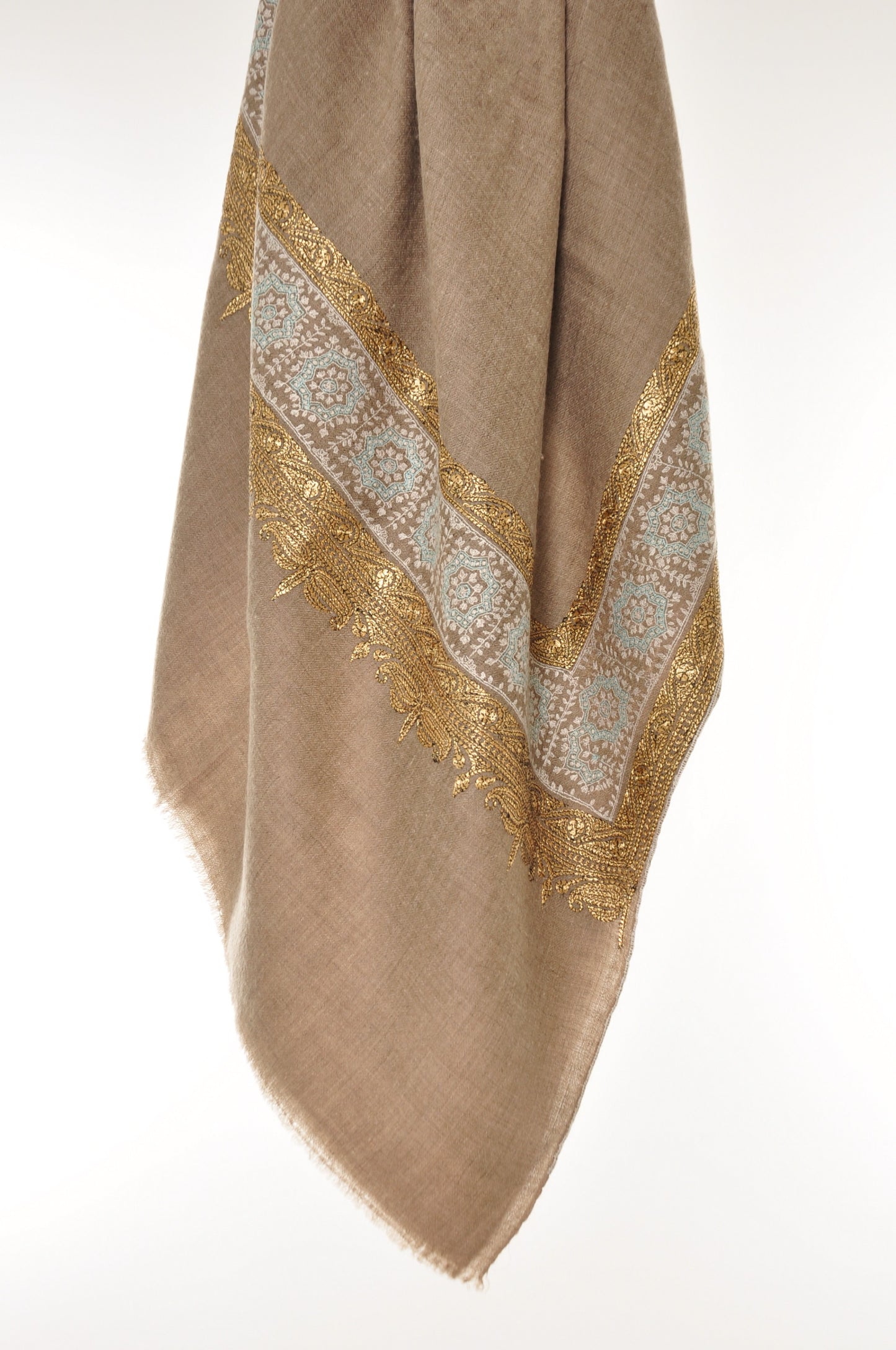Embroidered Pashmina - Gold Zari & Pale Aqua