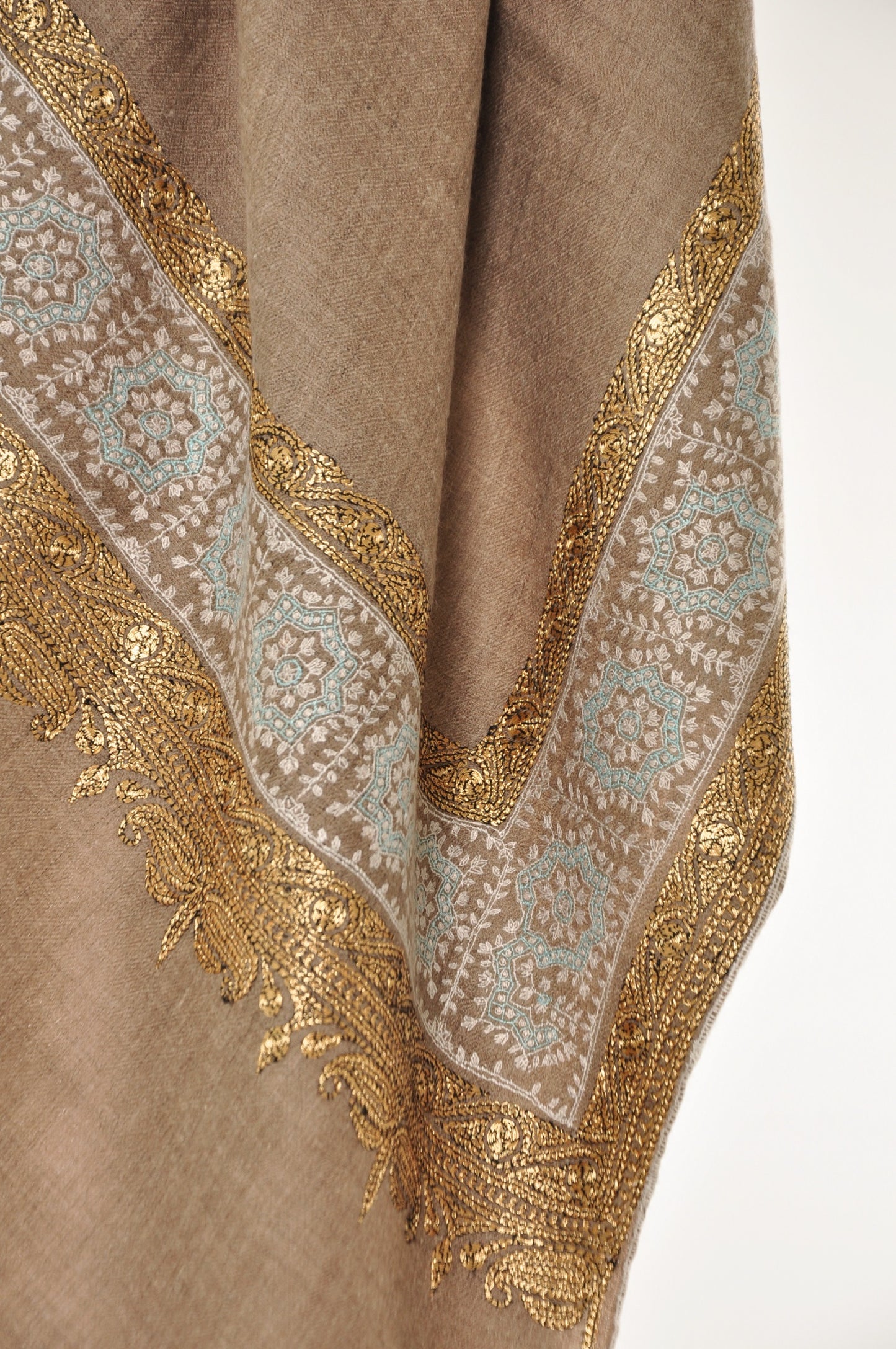 Embroidered Pashmina - Gold Zari & Pale Aqua