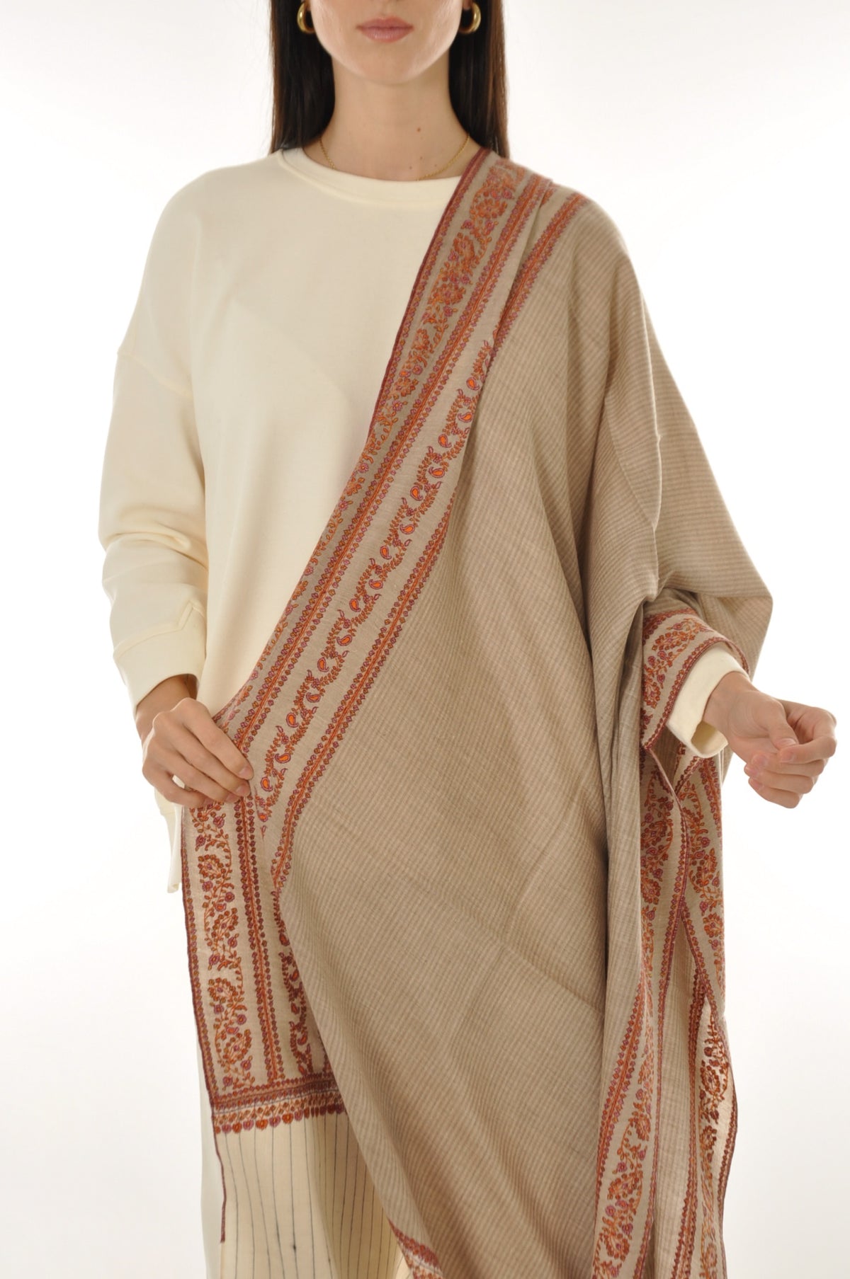 Thin Striped Border Pashmina - Rust Floral Border