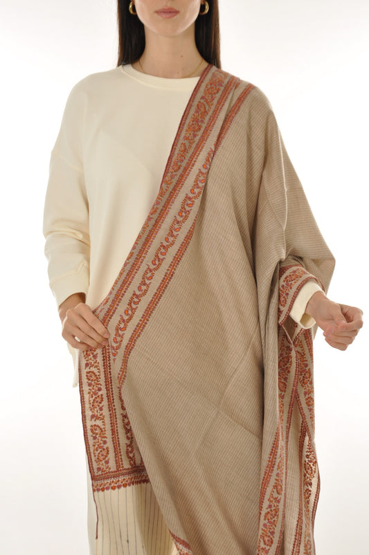 Thin Striped Border Pashmina - Rust Floral Border