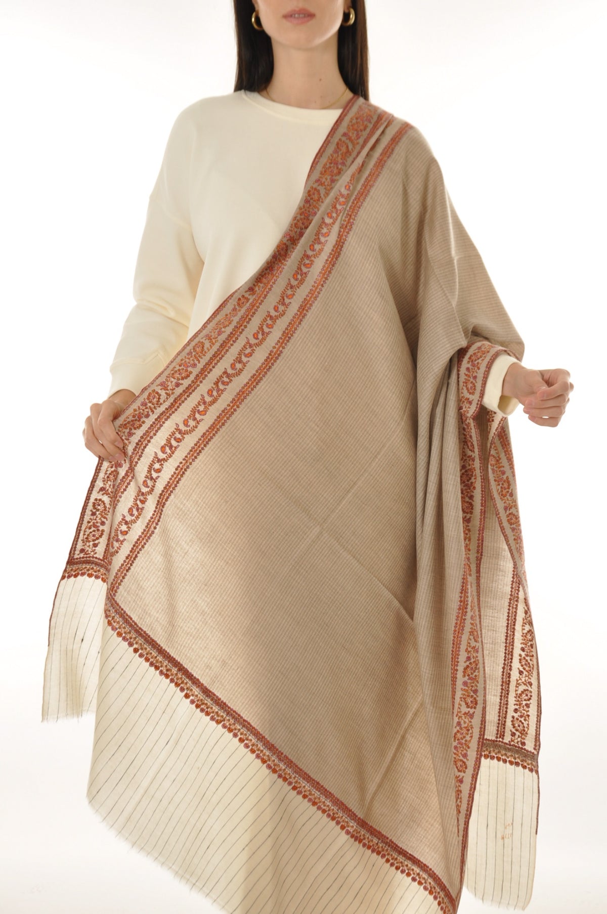 Thin Striped Border Pashmina - Rust Floral Border