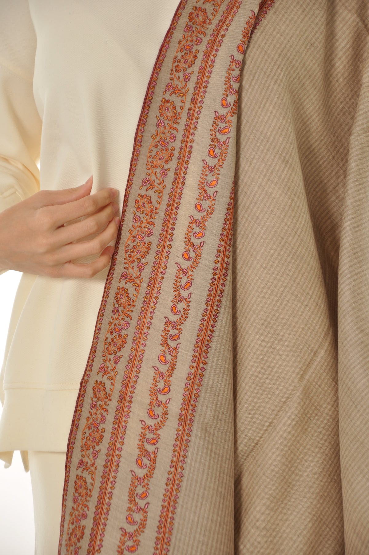 Thin Striped Border Pashmina - Rust Floral Border