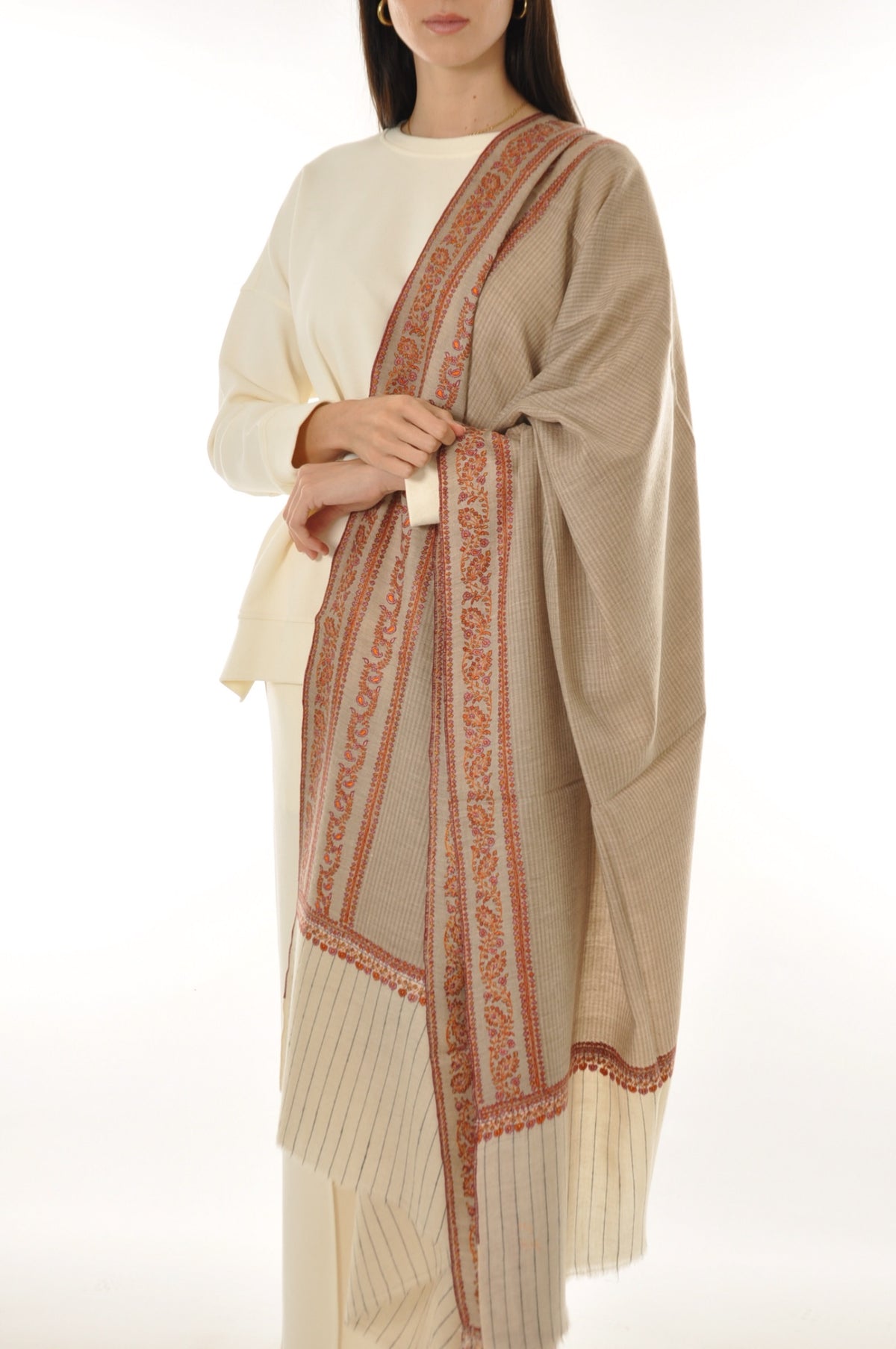 Thin Striped Border Pashmina - Rust Floral Border