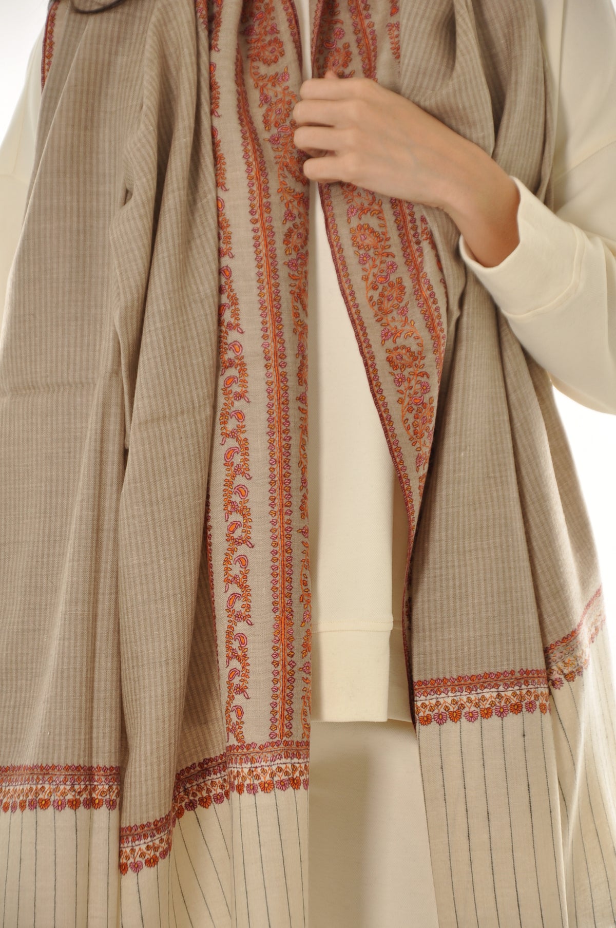 Thin Striped Border Pashmina - Rust Floral Border