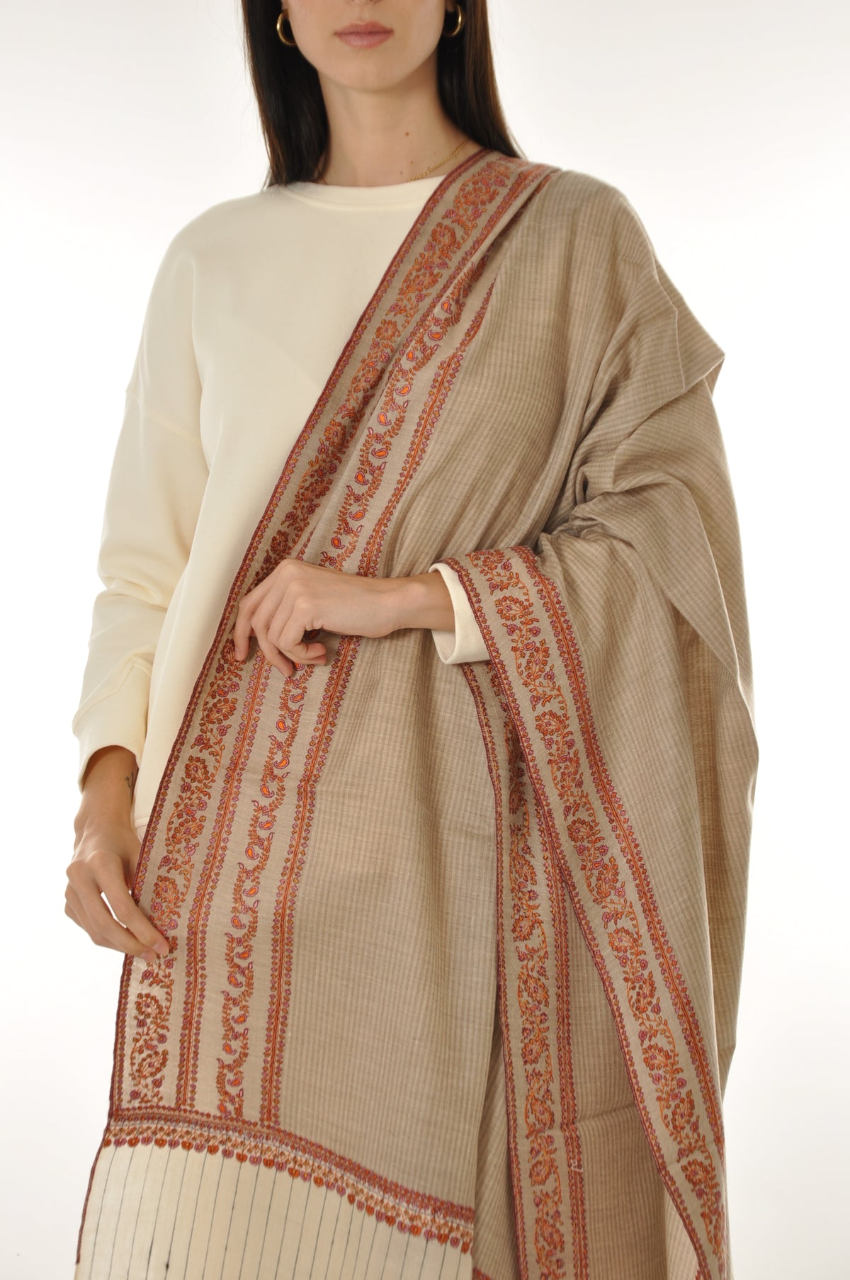 Thin Striped Border Pashmina - Rust Floral Border
