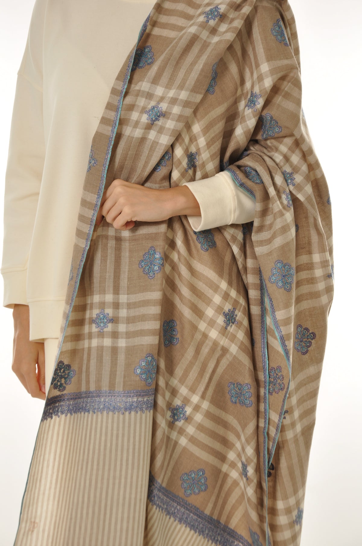 Embroidered Pashmina - Checked Pashmina with Embroidery