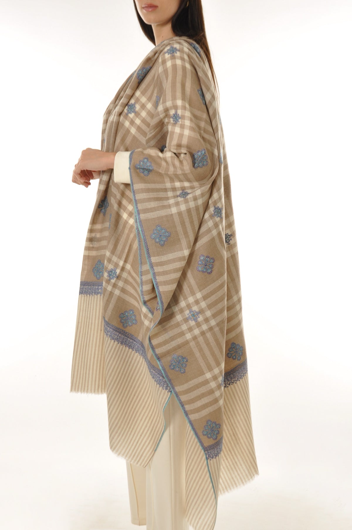 Embroidered Pashmina - Checked Pashmina with Embroidery