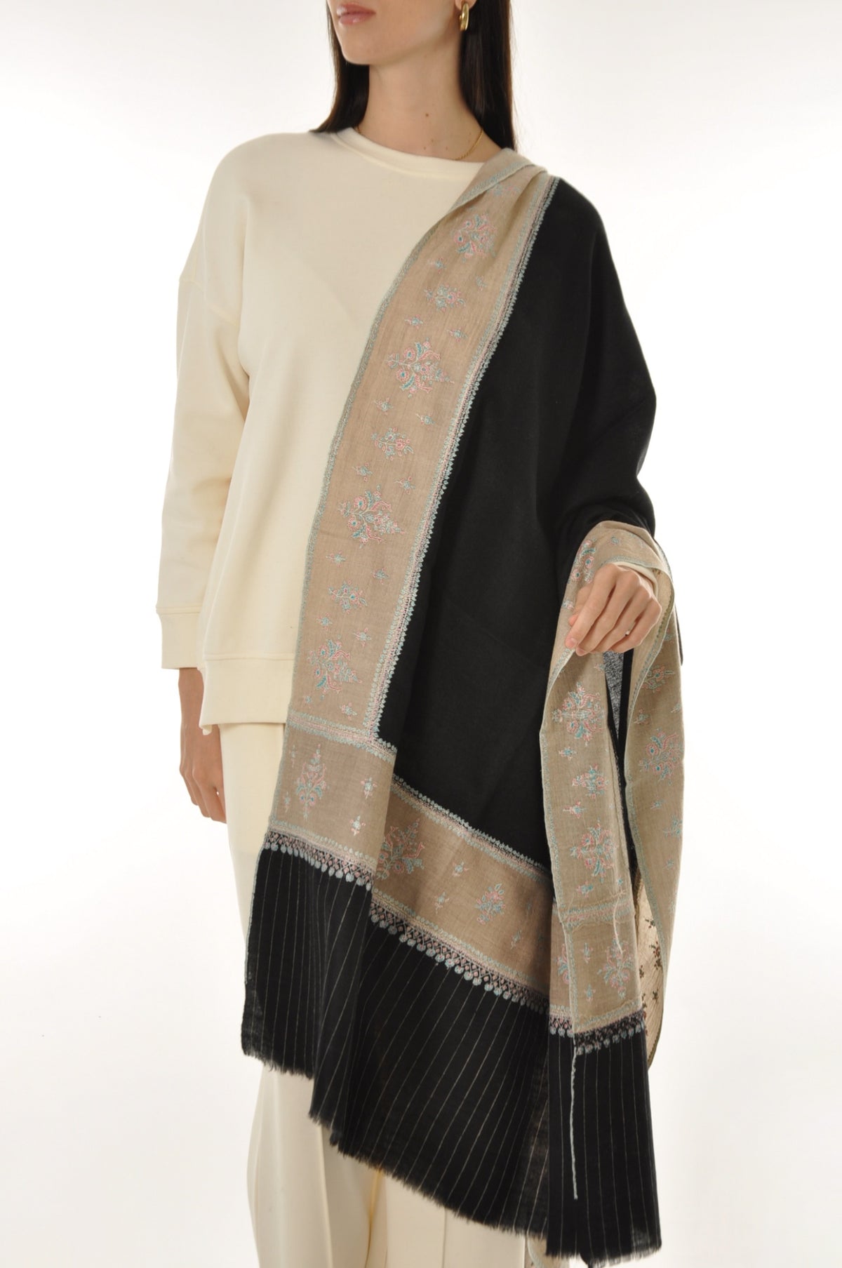 Thin Striped Border Pashmina - Black Pashmina Shawl with Pastel Floral Border