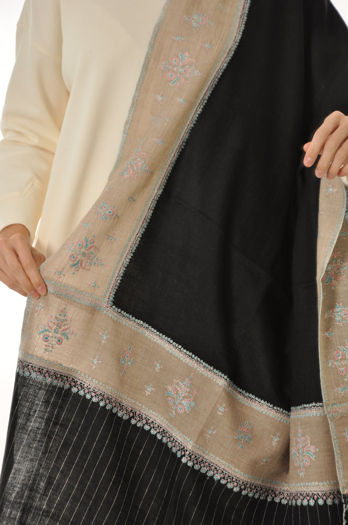 Thin Striped Border Pashmina - Black Pashmina Shawl with Pastel Floral Border