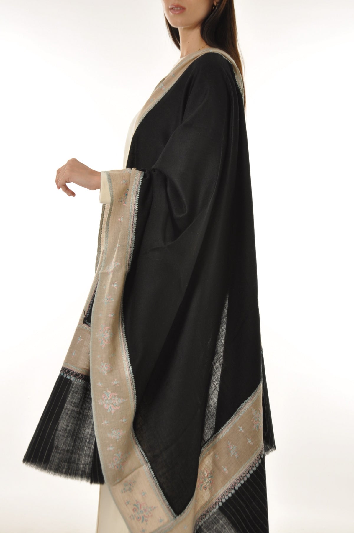 Thin Striped Border Pashmina - Black Pashmina Shawl with Pastel Floral Border
