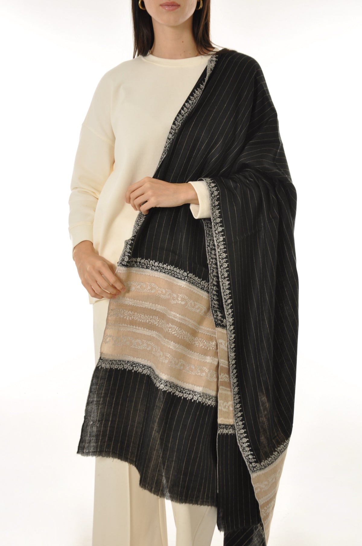 Thin Striped Border Pashmina - Black Pashmina Shawl with Beige Border