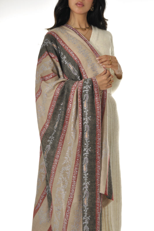 Embroidered Pashmina - Grey Striped