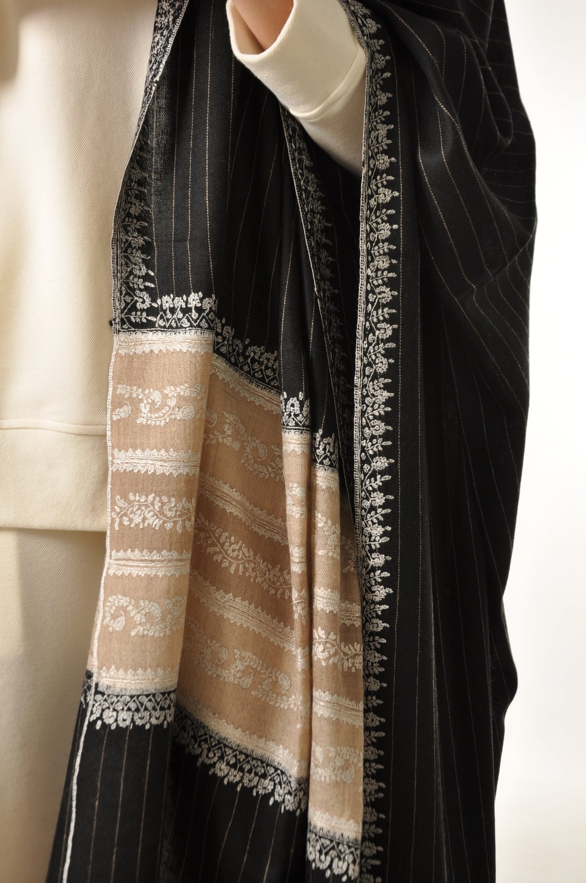 Thin Striped Border Pashmina - Black Pashmina Shawl with Beige Border