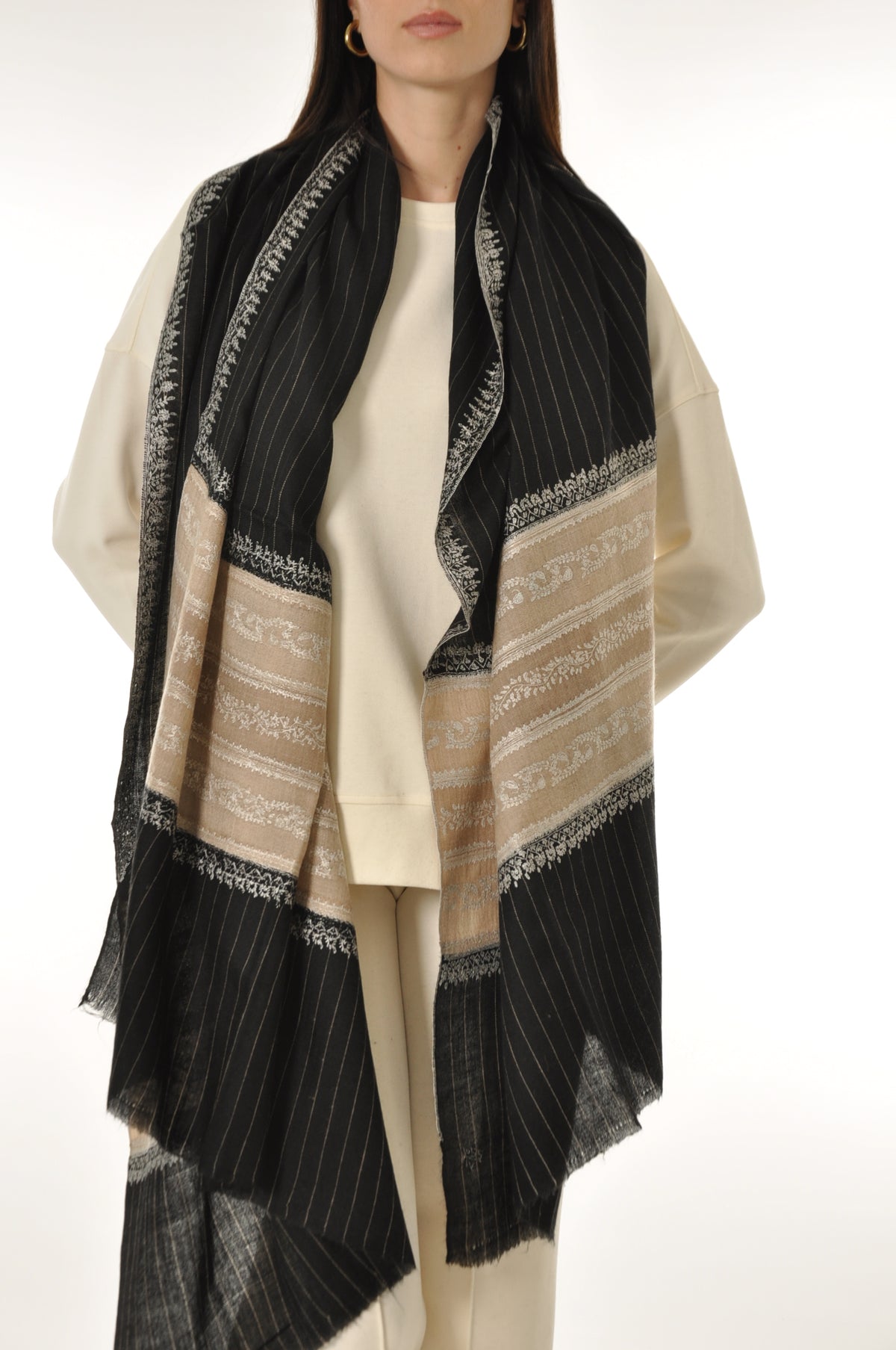 Thin Striped Border Pashmina - Black Pashmina Shawl with Beige Border