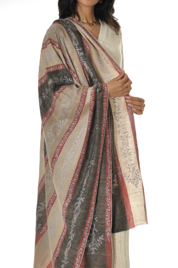 Embroidered Pashmina - Grey Striped