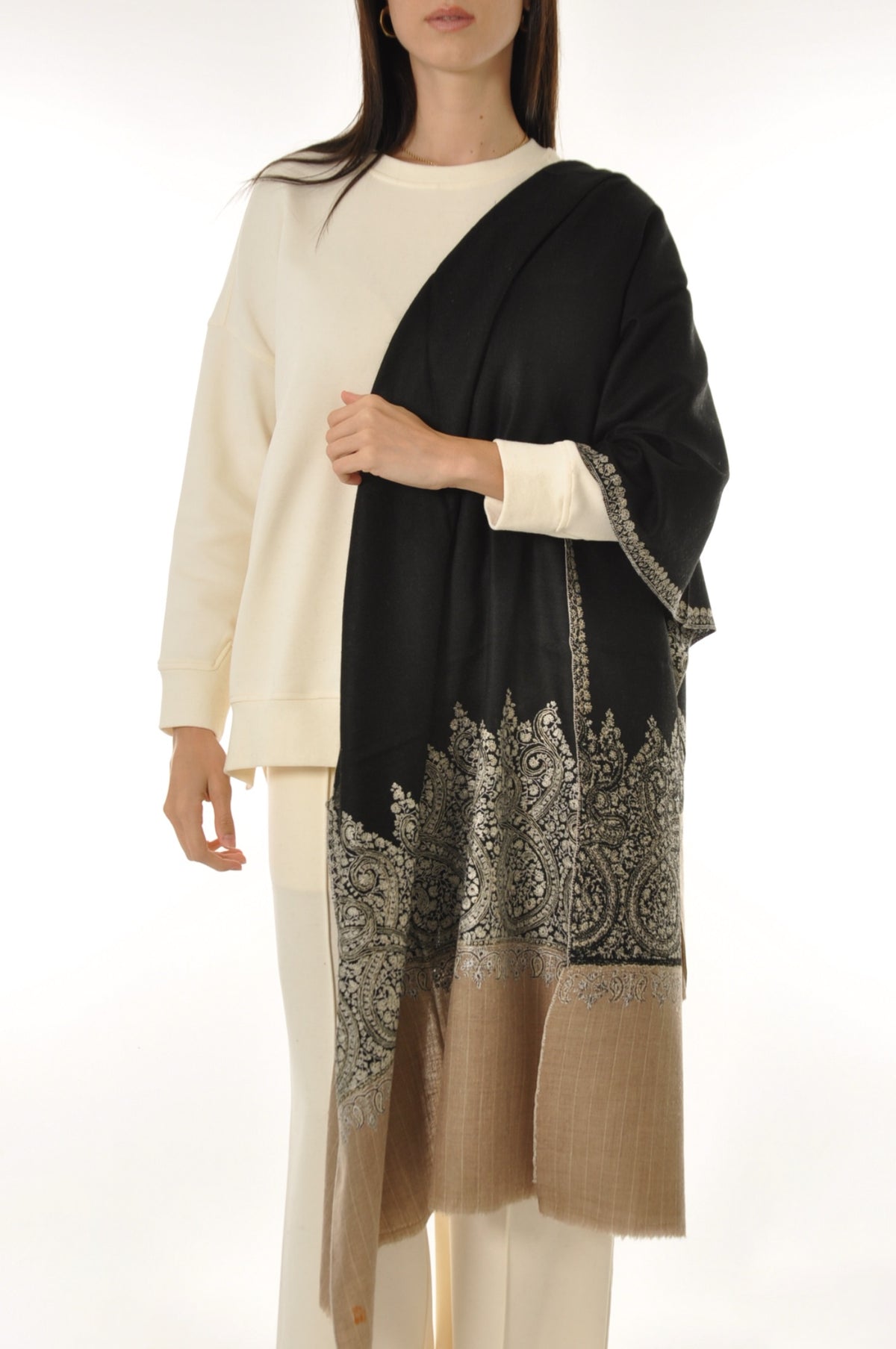 Thin Striped Border Pashmina - Black Pashmina with Ivory Paisley Border