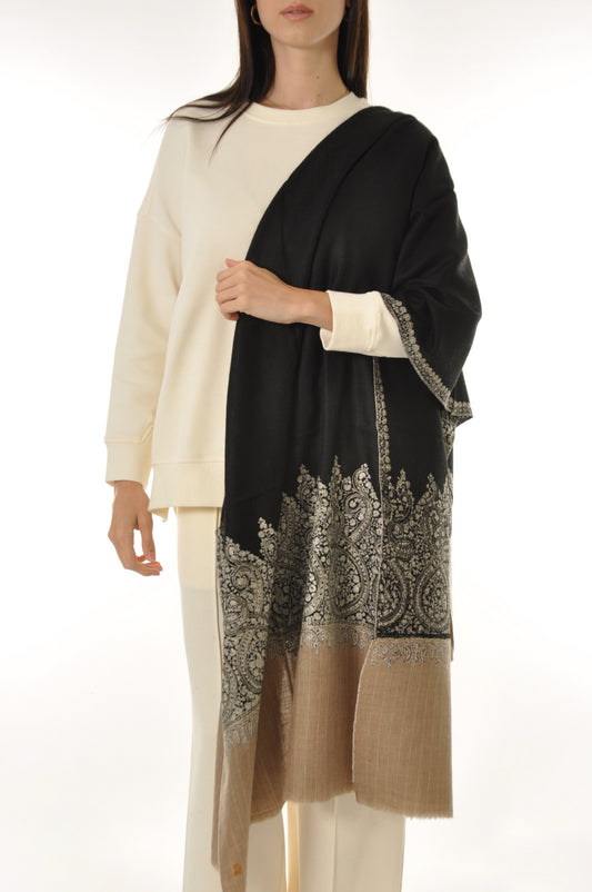Thin Striped Border Pashmina - Black Pashmina with Ivory Paisley Border