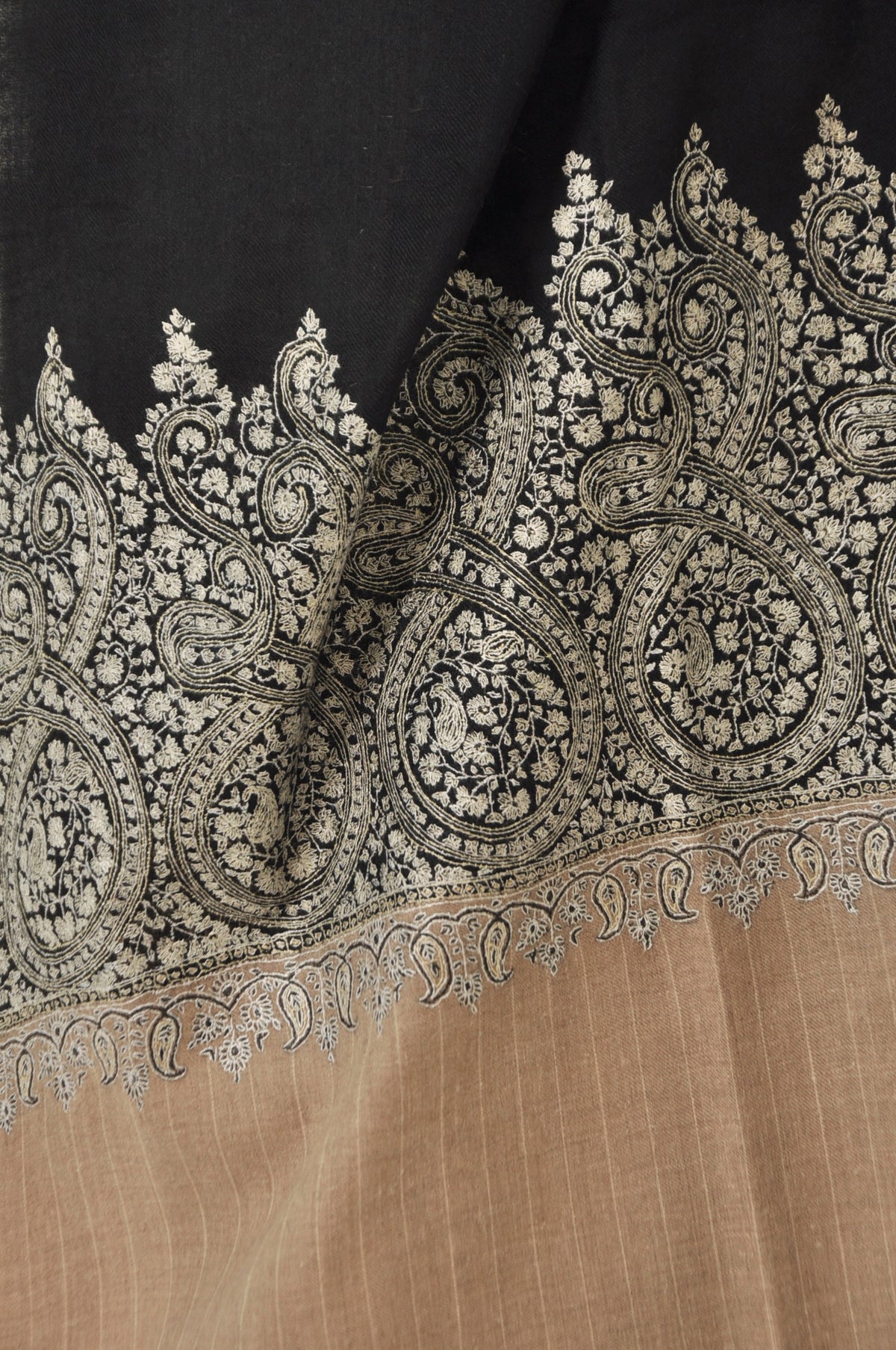 Thin Striped Border Pashmina - Black Pashmina with Ivory Paisley Border